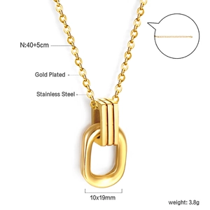 Detail of minimalist gold plated stainless steel necklace with 10x19mm geometric pendant