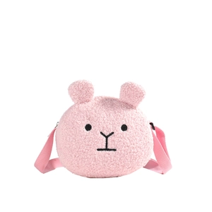 Cute pink plush sherpa shoulder bag for kids with cartoon animal embroidery