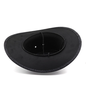 Classic black wide brim western cowboy hat with adjustable chin strap and vent holes