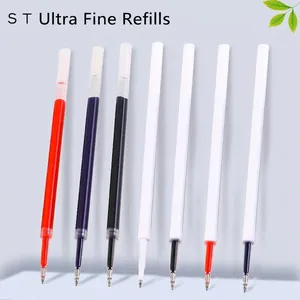 Detail of ST ultra-fine gel pen refills in red, blue, and black with needle tip design