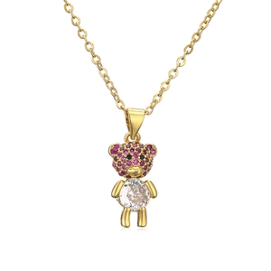 Collana con ciondolo a orsetto dorato con zirconi rosa e cristallo bianco tondo lucido