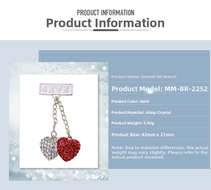 Detail showing dimensions of red enamel heart brooch with 4EVR tag and rhinestones