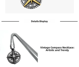 Macro detail of retro compass pendant showing star pattern and engraved numbers