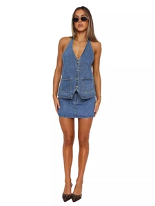 Women Casual Denim Halterneck Vest And Matching Skirt V Neck Single Breasted Waistcoat Solid Color Streetwear Sleeveless Top