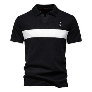 Macro detail of men's polo shirt showing embroidered giraffe logo and pique cotton texture