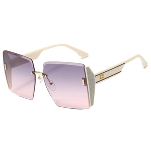 Chic frameless square sunglasses with purple gradient lenses and cream white frame