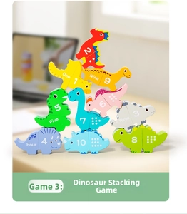 Close-up of wooden dinosaur stacking blocks with numbers and names on a table