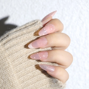 Faux Ongles À Presser Amande Longue Goutte D'eau Pointe Française Paillettes Pois Rose Nude Résine Pour Femmes