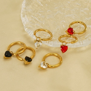 Elegant gold hoop earrings featuring heart zircon pendants in black, white, and red stones