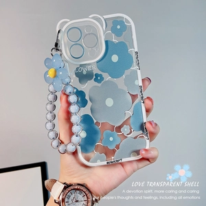 Blue plumeria flower pattern transparent iPhone case with beaded wrist strap and floral charm
