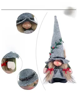 Detailed views of handmade Christmas gnome plush with spiral hat and festive decorations