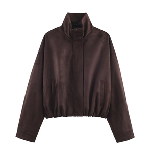 Damen Kunstwildleder Jacke Stehkragen Reißverschluss Einfarbig Bomberjacke Lässig Kurz Mantel Mode Vintage Braun