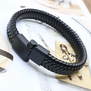 Classic black braided leather bracelet for men with secure black magnetic metal clasp