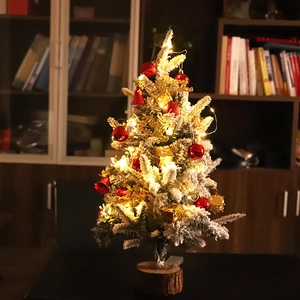 Mini PE flocked Christmas tree with LED lights and wooden base for tabletop decor