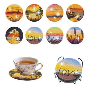 Set of 8 DIY diamond painting coasters with sunset scenery patterns and metal holder