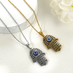 Hamsa Hand Evil Eye Pendant Necklace Stainless Steel Jewelry With Lettering Protection Strength Women Gift