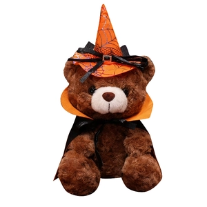 Peluche orsetto di Halloween in costume da mago con cappello arancione a ragnatela e mantello