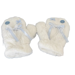 Winter plush mittens in white faux fur with light blue bows and lace detailing