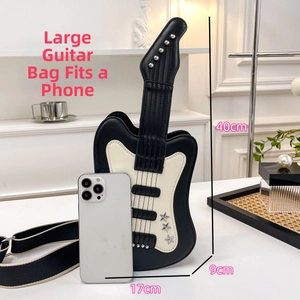 Detailed view of guitar-shaped crossbody bag with dimensions 40cm height and 17cm width