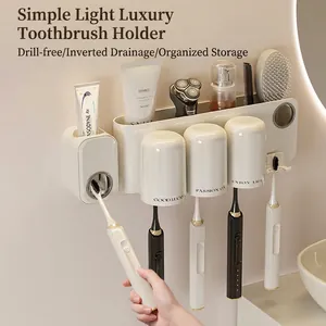 Cream White Toothbrush Holder Wall Mounted Automatic Toothpaste Dispenser With Magnetic Mouthwash Cups Bathroom Storage Organizer