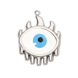 Detailed view of a silver titanium steel evil eye pendant with blue enamel and claw accents