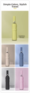 Detail view of five minimalist automatic umbrellas in pastel colors and sleek handles