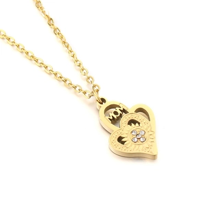 18K gold stainless steel double heart MOM pendant necklace with sunflower engraving