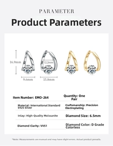Detailed specs of S925 silver irregular earrings with 6.5mm D-color VVS1 moissanite stones