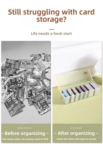Translucent card storage box with dividers showing organized card collection details