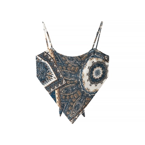 Detail of floral paisley print camisole with blue and brown scarf-style hem design