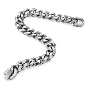 Mens heavy stainless steel Cuban link bracelet with high-polish finish on white background
