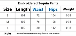 Size chart showing S-L measurements for casual embroidered sequin fashion pants