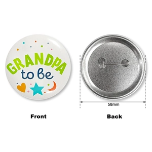 Front and back detail of 58mm tinplate Grandpa to be badge for baby shower parties