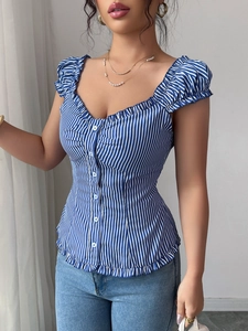 Elegant women striped button shirt with ruffle collar and short sleeves in blue and white