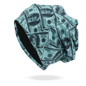 Macro detail of dollar print on blue beanie with soft black lining fabric texture