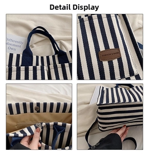 Detailed views of striped canvas tote bag showing stitching and magnetic closure