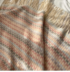 Detailed close-up of soft rainbow plaid scarf featuring long off-white tassels and knit texture