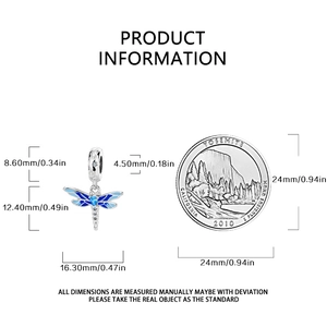 Dragonfly charm size comparison with blue enamel and sparkling cubic zirconia stones