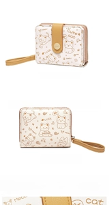 Detail of white PU leather short wallet featuring cute cat illustrations and wrist strap