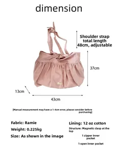 Pink ramie tote bag dimensions 43x37x13cm with cotton canvas lining and interior pockets