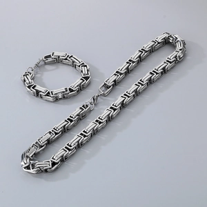 Detail of silver stainless steel Byzantine chain set featuring bold 15mm thick links