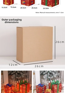 Detailed dimensions of three glowing Christmas gift boxes with bows and packaging size