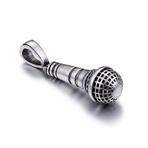 Polished silver microphone pendant necklace in stainless steel with realistic textures