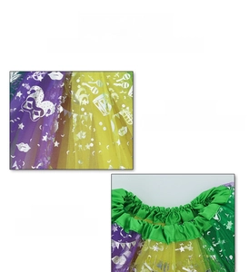 Detail of Mardi Gras tutu skirt featuring silver mask prints and elastic waist band