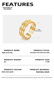 Detail view showing golden bamboo texture ring specs and adjustable 1.7cm diameter size