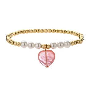 Detail of beaded bracelet with golden beads, white pearls, and pink heart charm pendant