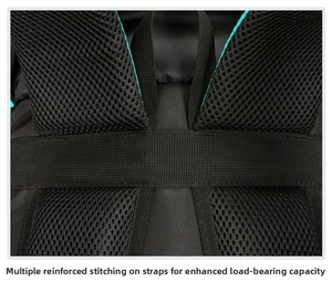 Detail of reinforced stitching on the breathable mesh shoulder straps for heavy load support