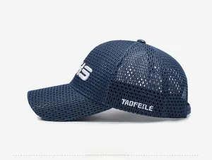 Close-up of breathable navy mesh baseball cap with white TAOFEILE side embroidery