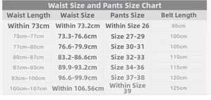 Size chart showing waist measurements and corresponding lengths for braided elastic belts