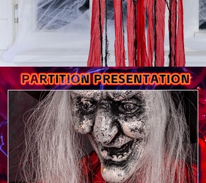 Detailed close-up of a scary Halloween witch head with red and black tattered fabric